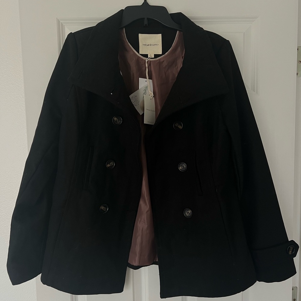 THREAD & SUPPLY DOUBLE BREASTED WOOD BLEND PEACOAT WOMEN’S. Black, Size S